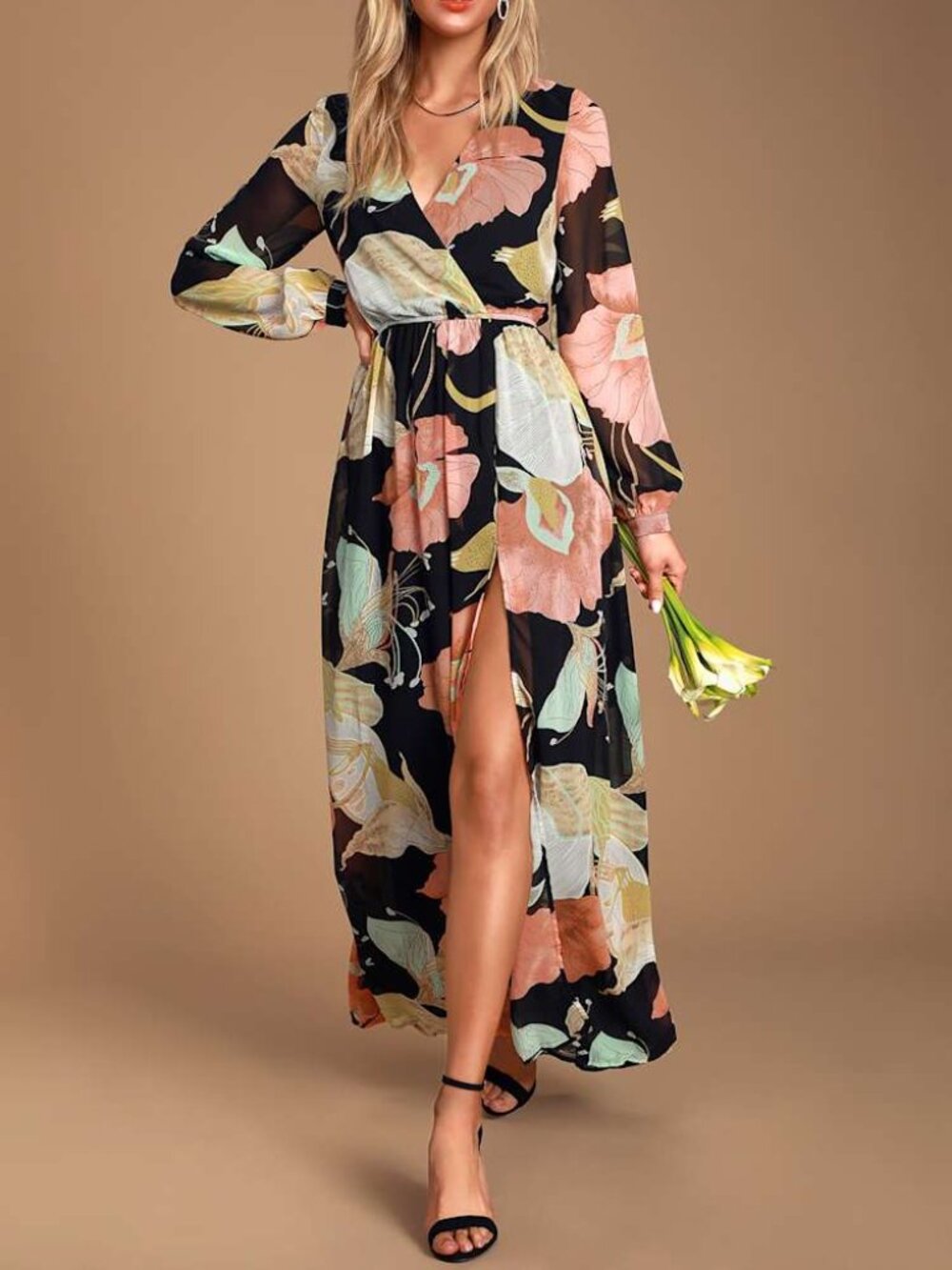 Lulus Wondrous Water Lilies Black Floral Print Maxi Dress Size XS